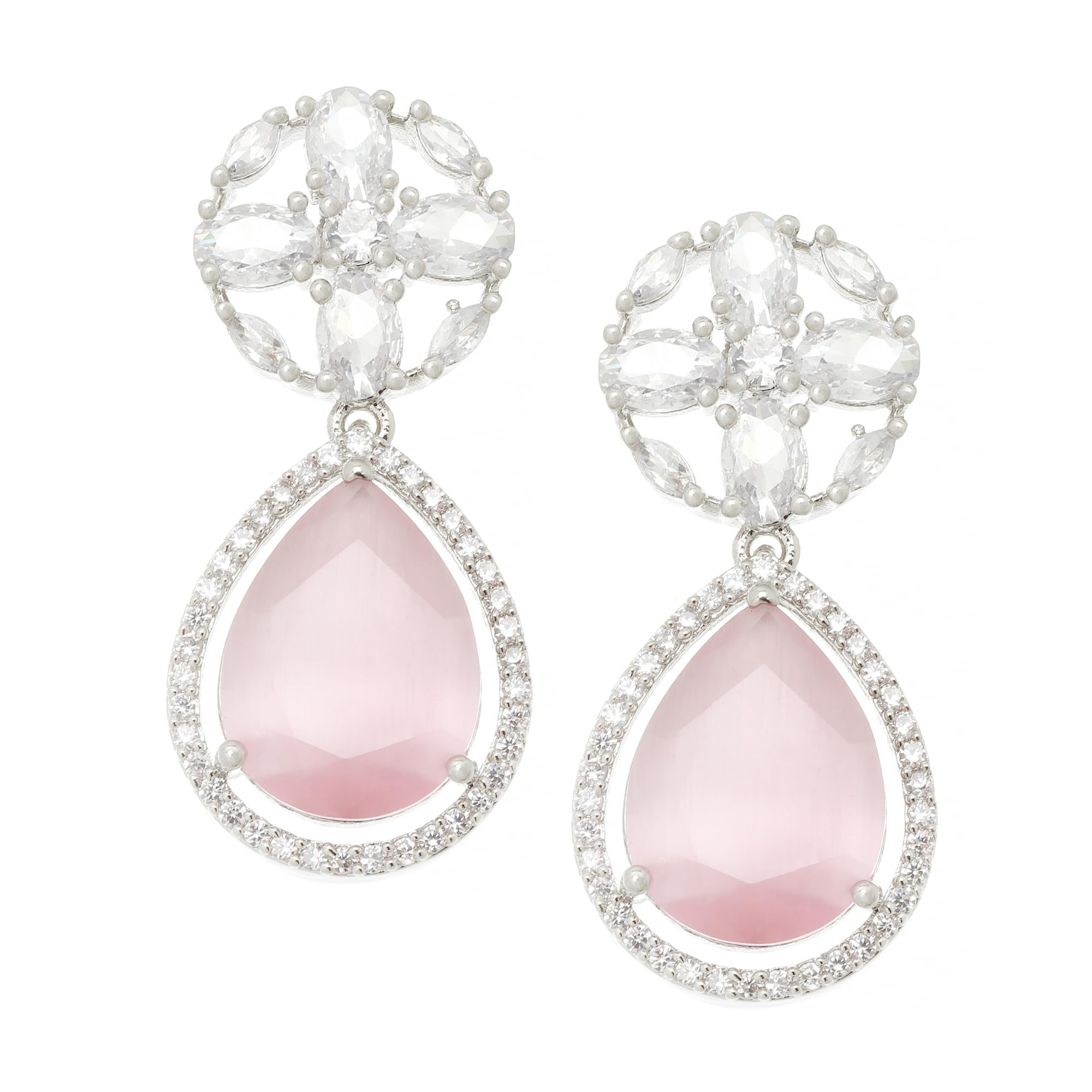 Rhodium Teardrop & Floral Drop Earrings